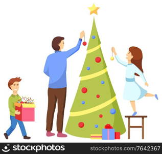 Christmas preparation vector, isolated father with kids decorating pine tree with baubles and stars. Dad with daughter and son. Family adorning spruce for winter holidays celebration flat style. Christmas Preparation Decoration of Pine Tree