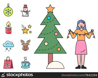 Christmas preparation vector, isolated set of xmas icons in flat style. Woman with garland by fir. Bauble with snowflake ornament, snowman and candle with fire. Stars and deer image, cup of hot tea. Christmas Holiday Decorating of Pine Tree Icons