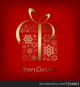 Christmas present box made from golden snowflakes on red background (vector)