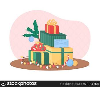 Christmas presents 2D vector isolated illustration. Festive season tradition. Winter holidays gifts flat composition on cartoon background. Wrapped boxes with ribbons and bows colourful scene. Christmas presents 2D vector isolated illustration
