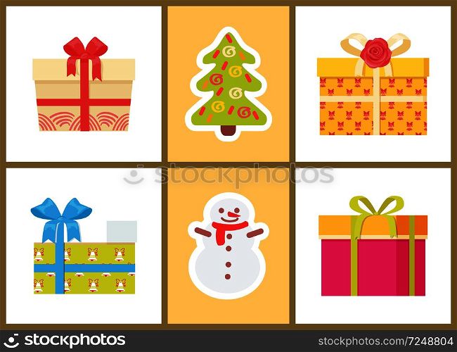 Christmas presents and symbols set of icons on light background. Vector illustration with colorful gift boxes with xmas spruce and happy snowman. Christmas Presents and Symbols Vector Illustration