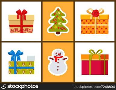 Christmas presents and symbols set of icons on light background. Vector illustration with colorful gift boxes with xmas spruce and happy snowman. Christmas Presents and Symbols Vector Illustration