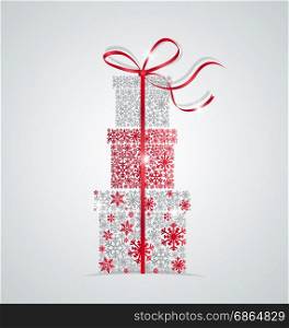 Christmas presents . Elegant Christmas background with gift boxes made from snowflakes