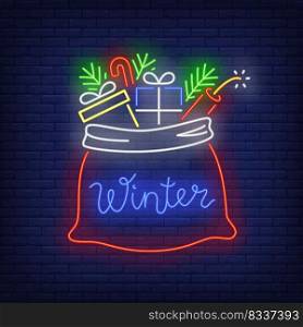 Christmas presents in sack neon sign. Bag, boxes, wrap, fir tree. Vector illustration in neon style for topics like Xmas, New Year, giving gifts