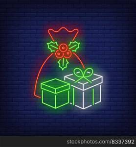 Christmas presents neon sign. Bag, sack, boxes, wrap, mistletoe. Vector illustration in neon style for topics like Xmas, New Year, giving gifts