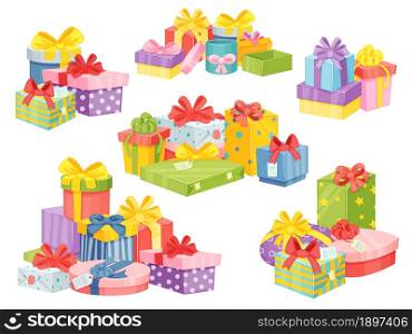 Christmas presents piles, birthday gift box stacks. Cartoon mountains of gifts boxes, pile of wrapped present packages with ribbons vector set. Festive bright stacks for holiday surprise or giveaway. Christmas presents piles, birthday gift box stacks. Cartoon mountains of gifts boxes, pile of wrapped present packages with ribbons vector set