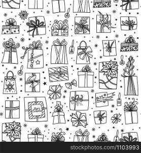 Christmas presents seamless pattern. Hand drawn cartoon gift boxes in various shapes. Vector illustration isolated on white.. Christmas presents seamless pattern