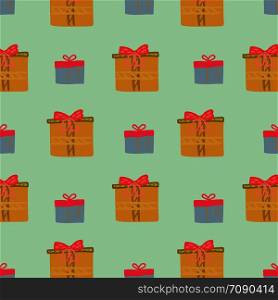 Christmas presents seamless pattern on mint green background. Flat style illustration. Greeting card, poster, design element. . Christmas presents seamless pattern on mint green background