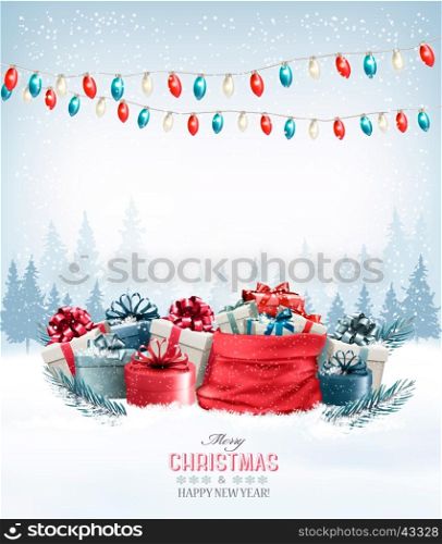 Christmas presents with a garland and a sack full of gift boxes. Vector.