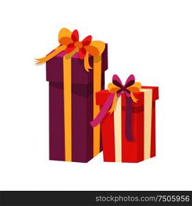 Christmas presents wrapped in gift boxes. Vector packages in decorative paper, shopping packs with surprise inside, purple and red containers with bow. Christmas Presents Wrapped in Gift Boxes. Vector