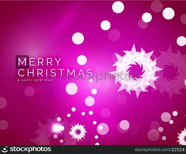 Christmas purple color abstract background with white transparent snowflakes. Holiday winter template, New Year layout