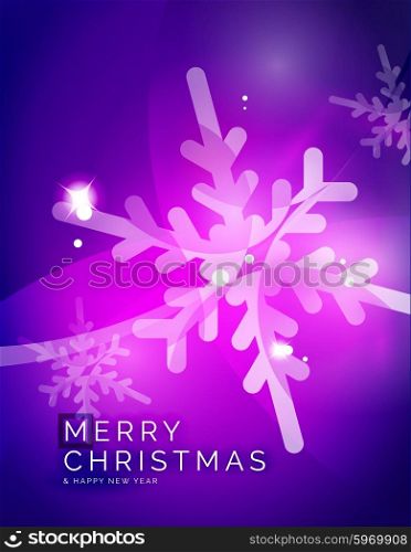 Christmas purple color abstract background with white transparent snowflakes. Holiday winter template, New Year layout