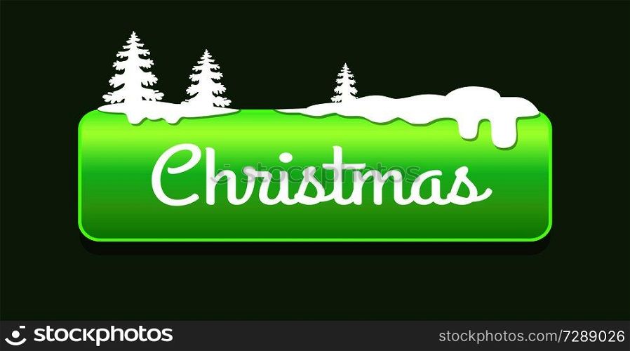Christmas push-button vector illustration with white word in it and snow pile with fir-trees under light green frame isolated on deep green background. Christmas Green Push-button Vector Illustration