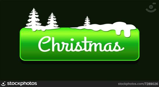Christmas push-button vector illustration with white word in it and snow pile with fir-trees under light green frame isolated on deep green background. Christmas Green Push-button Vector Illustration