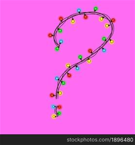 Christmas question mark from a garland isolated on pink. Colored light bulbs on wires. Handwritten font for text or logo. Vector EPS 10.