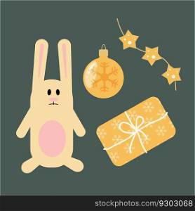 Christmas rabbit decor vector illustration. Christmas festival, New year invitations, or greeting cards.. Christmas rabbit decor