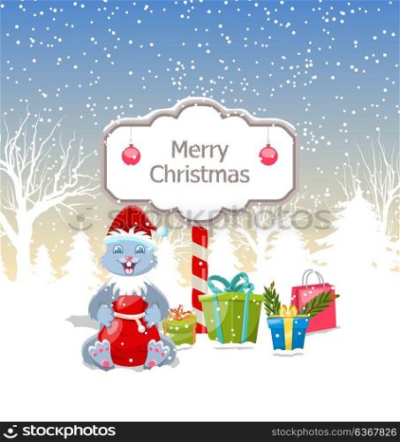 Christmas Rabbit with Present Boxes, Santa Bag, Xmas and New Year Design. Christmas Rabbit with Present Boxes, Santa Bag, Xmas and New Year Design - Illustration Vector