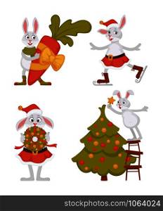 Christmas rabbits bunnies or hares isolated icons Xmas tree or carrot with bow as gift animal on skates fir wreath and decorated spruce male and female scarf and socks skirt and Santa hat vector.. Christmas rabbits bunnies or hares and Xmas tree or carrot