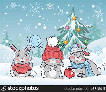 Christmas rabbits vector illustration. Flat style. Funny rabbits wear in hat, scarf, sweater with gift, smiling balloon seating on snow in snowfall near christmas tree hung with color ball toys. Christmas Rabbits Vector Flat Design Illustration . Christmas Rabbits Vector Flat Design Illustration