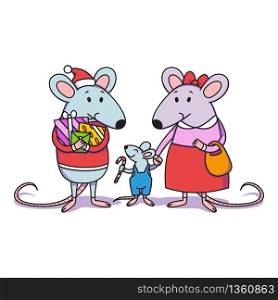 Christmas rat family. Dad with gifts, mom holds a child by the hand, a little boy with candy cane. Happy Chinese New year mice. Vector illustration for print, poster, calendar, card, souvenirs.
