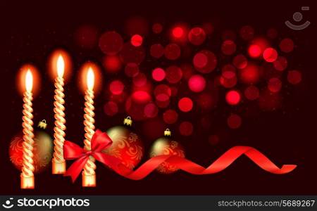 Christmas red background with candle and red ribbon. Vector illustration.