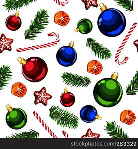 Christmas red, blue, green ornaments, fir tree branches, dried citrus and candy canes seamless pattern for holidays home decor, textile and gift wrap