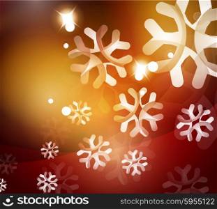 Christmas red color abstract background with white transparent snowflakes. Holiday winter template, New Year layout