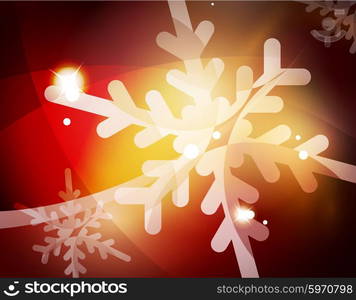 Christmas red color abstract background with white transparent snowflakes. Holiday winter template, New Year layout