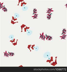 Christmas red poinsettia and snowman seamless pattern. Festive endless design. Holiday decor wrapping paper, background. Colorful vector illustration in flat cartoon style.. Christmas red poinsettia and snowman seamless pattern.
