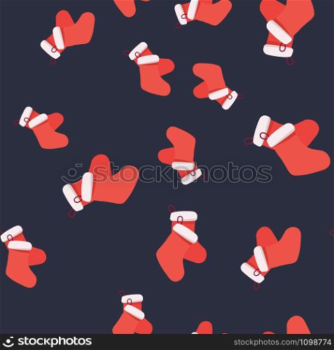 Christmas red santa gloves and stockings seamless pattern. Festive endless design. Holiday decor wrapping paper, background. Colorful vector illustration in flat cartoon style.. Christmas red santa gloves and stockings seamless pattern.