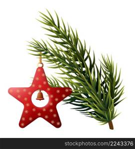 Christmas red star on fir tree branch. Holiday decoration isolated on white background. Christmas red star on fir tree branch. Holiday decoration