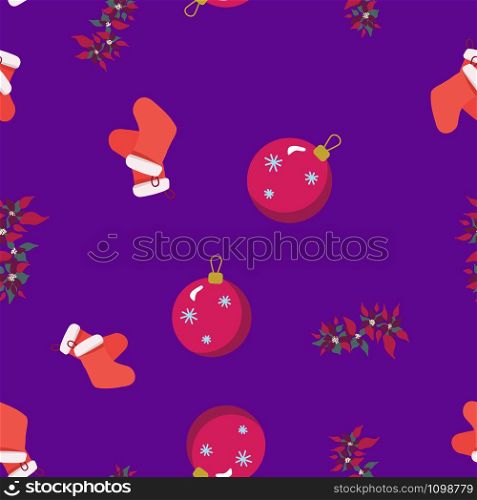 Christmas red stockings, tree bubble and poinsettia seamless pattern. Festive endless design. Holiday decor wrapping paper, background. Colorful vector illustration in flat cartoon style.. Christmas red stockings, tree bubble and poinsettia seamless pattern.
