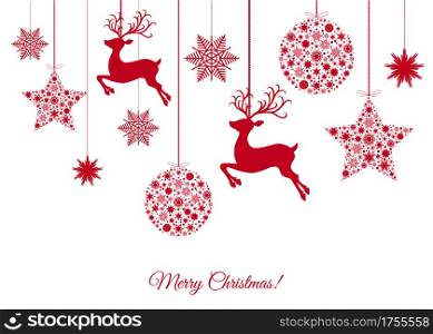 Christmas red tree decoration on white background. Happy New Year. Xmas ball, reindeer and snowflakes. Vector winter template for greeting card or party invitation.