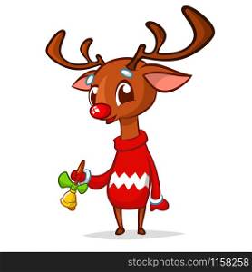 Christmas reindeer cartoon ringing a bell. Vector illustration isolated on white