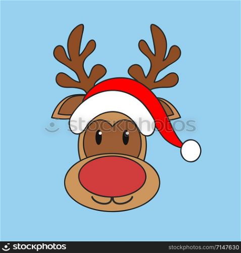 Christmas reindeer in red Santa Claus hat on blue background, stock vector illustration