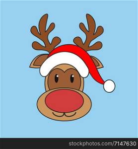 Christmas reindeer in red Santa Claus hat on blue background, stock vector illustration
