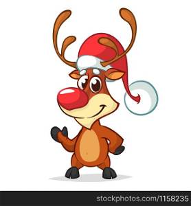 Christmas reindeer in Santa Claus hat and jingle bells collar pointing hand. Vector illustration isolated