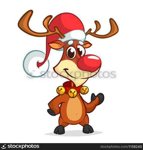 Christmas reindeer in Santa Claus hat and jingle bells collar pointing hand. Vector illustration isolated