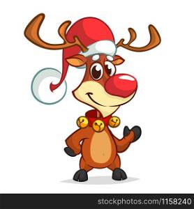 Christmas reindeer in Santa Claus hat and jingle bells collar pointing hand. Vector illustration isolated