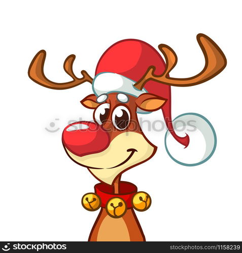 Christmas reindeer in Santa Claus hat and jingle bells collar. Vector illustration