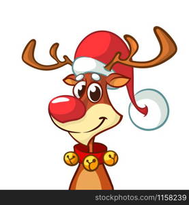 Christmas reindeer in Santa Claus hat and jingle bells collar. Vector illustration