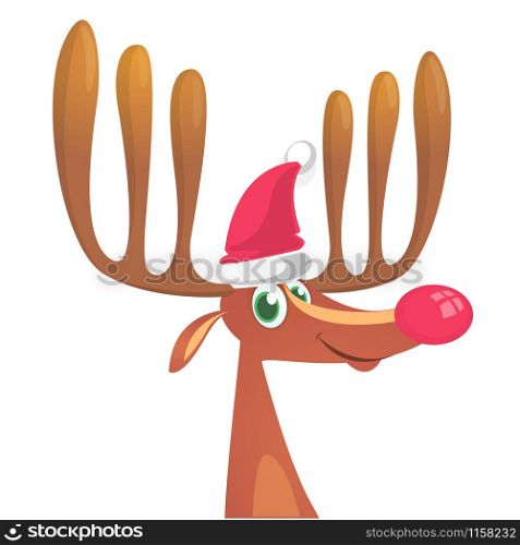 Christmas reindeer in Santa Claus hat and jingle bells collar. Vector illustration isolated
