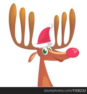 Christmas reindeer in Santa Claus hat and jingle bells collar. Vector illustration isolated