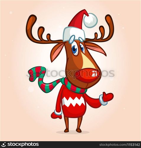 Christmas reindeer in Santa Claus hat and striped scarf pointing a hand. Vector illustration isolated