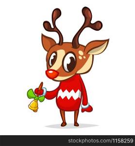 Christmas reindeer in Santa Claus hat ringing a bell. Vector illustration isolated on white