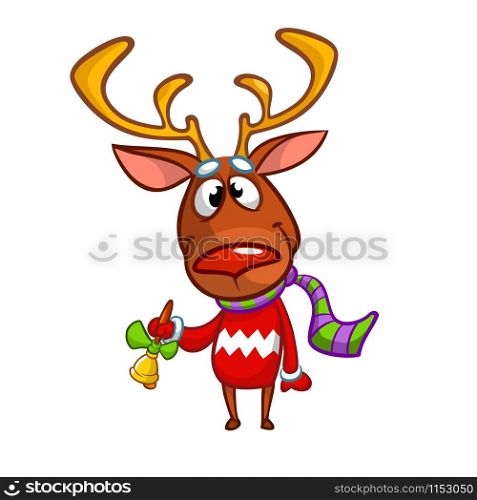 Christmas reindeer in Santa hat ringing a bell. Vector illustration isolated