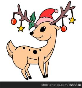 Christmas reindeer with decorative knick-knacks. cartoon illustration sticker mascot emoticon