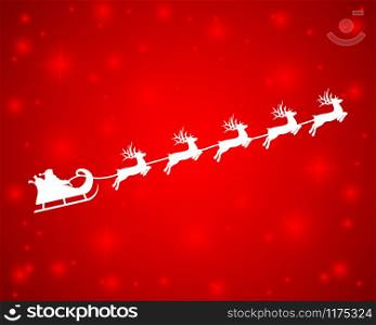 Christmas reindeers are carrying Santa Claus in a sleigh with gifts. silhouette on a red background with glitter. Christmas reindeers are carrying Santa Claus in a sleigh with gifts. silhouette on a red background