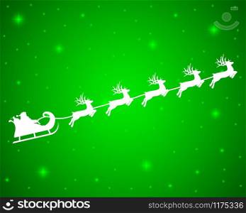 Christmas reindeers are carrying Santa Claus in a sleigh with gifts. silhouette on a green background with glitter. Christmas reindeers are carrying Santa Claus in a sleigh with gifts. silhouette on a green background