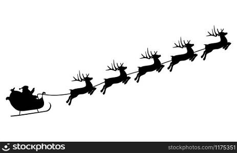 Christmas reindeers are carrying Santa Claus in a sleigh with gifts. silhouette on a white background. Christmas reindeers are carrying Santa Claus in a sleigh with gifts. silhouette on a white